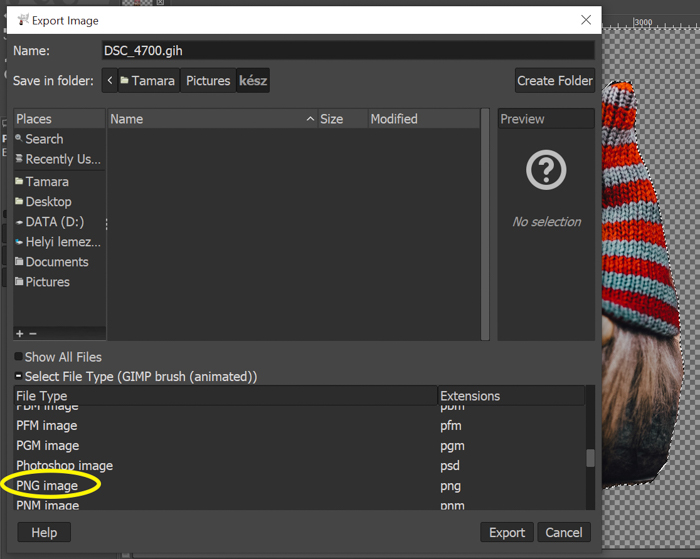 captura de tela mostrando como exportar uma foto para png no gimp 