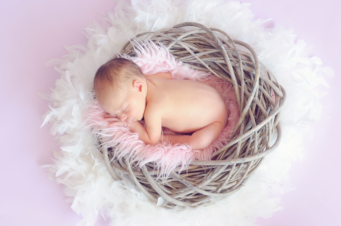 Fotografia aérea de um recém-nascido em uma cesta