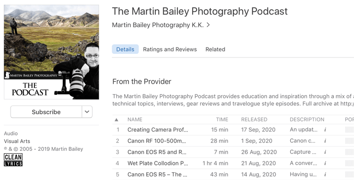 Captura de tela do podcast de fotografia 'the martin bailey' reproduzido em um aplicativo