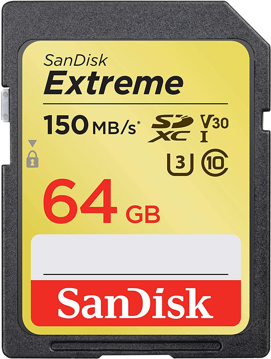 o cartão SanDisk Extreme SDXC UHS-I de 64 GB.