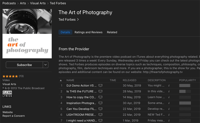 Captura de tela do podcast 'a arte da fotografia' reproduzido em um aplicativo