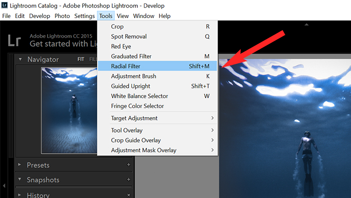 en skärmdump av att använda radialfilter för att lägga till en vinjett till en bild i Lightroom