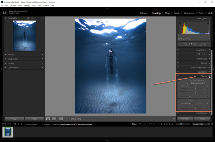  Une capture d'écran de l'édition d'une image avec le panneau effets dans Lightroom 