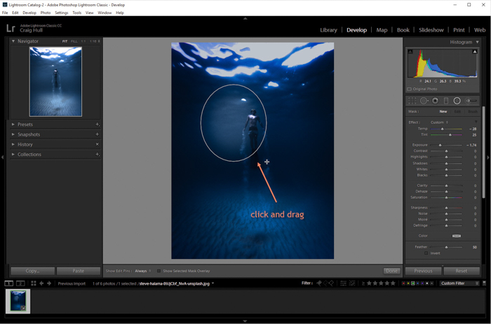 Captura de pantalla del uso del filtro radial para agregar una viñeta a una imagen en Lightroom