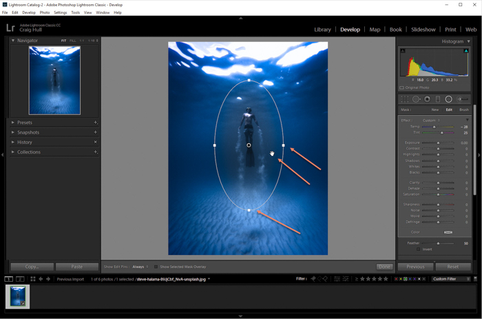 uma captura de tela do uso do filtro radial para adicionar uma vinheta do Lightroom