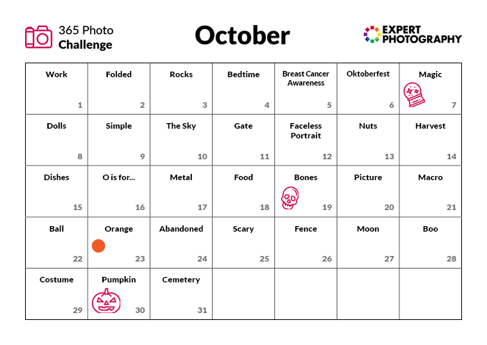 Calendário do Desafio de Fotografia de Outubro 