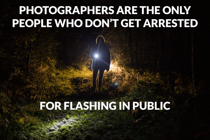 Photography joke over a photo of a person with a flashlight outdoors