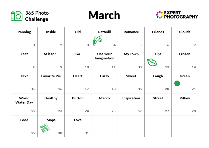 Calendário do Desafio de Fotografia de Março 