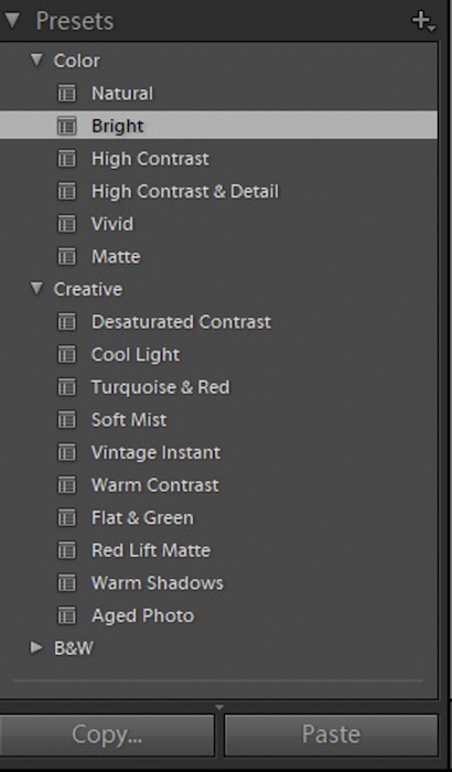 Captura de tela de como aplicar predefinições ao seu arquivo HDR no Lightroom
