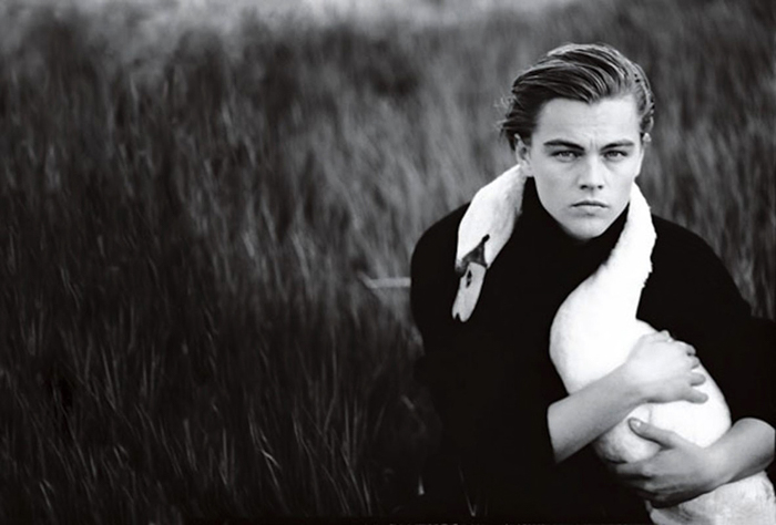 Fotografia em preto e branco de Leonardo DiCaprio com um cisne no pescoço. 