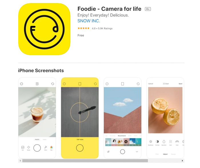 uma captura de tela de uma câmera foodie para toda a vida na loja de aplicativos iOS