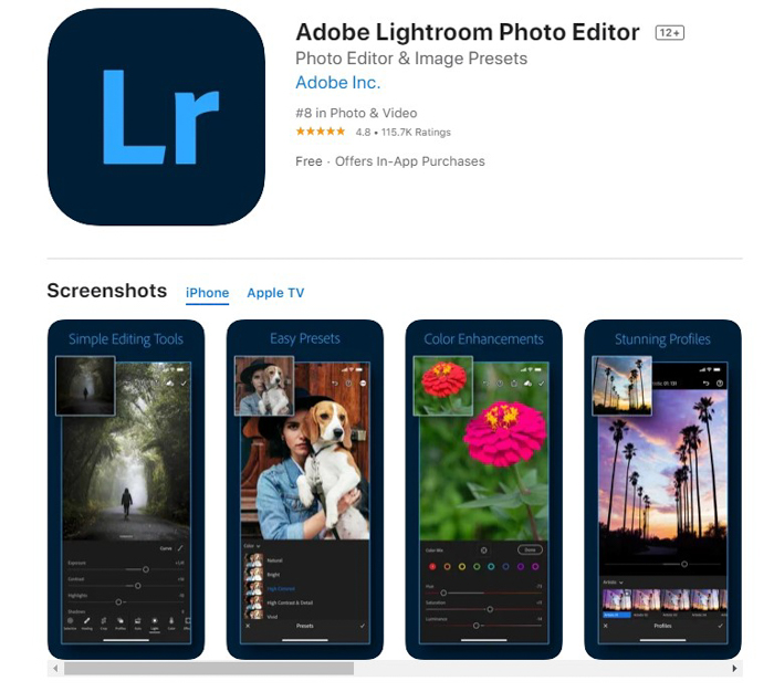 uma captura de tela do Adobe Lightroom Mobile da loja de aplicativos