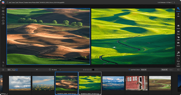 uma captura de tela da interface do software de edição on1 com colinas em bege e verde