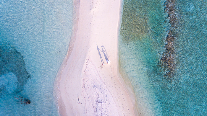 Foto aérea de uma noiva e um noivo em uma praia