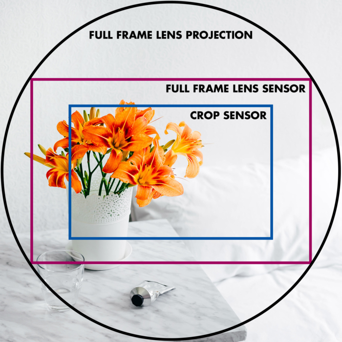 Uma imagem ilustrativa da projeção da lente e dos tamanhos dos sensores 