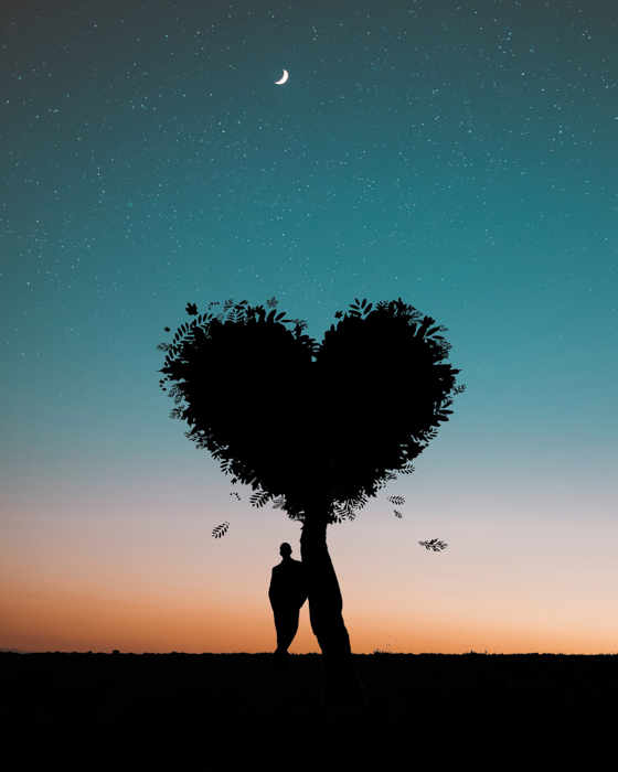 Imagem manipulada de uma pessoa ao lado de uma árvore em forma de coração atrás das estrelas
