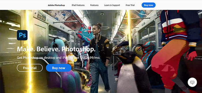 Captura de tela do site do Adobe Photoshop