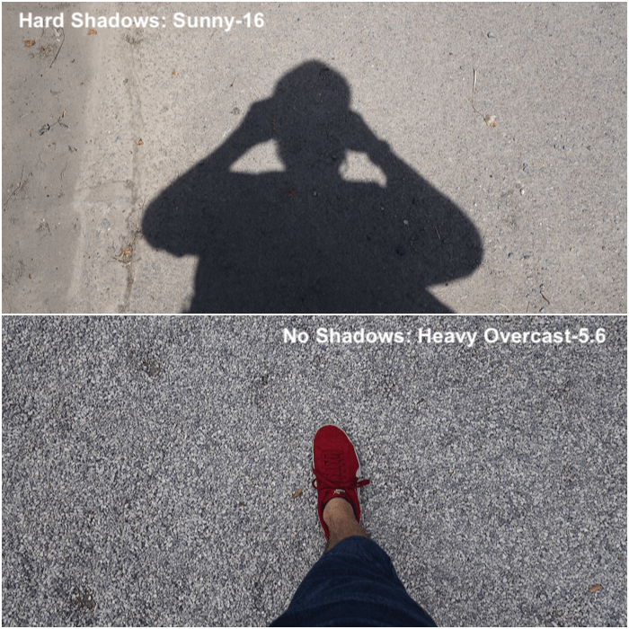 Díptico mostrando a diferença entre usar a régua sunny-16 com sombras fortes ou o nublado-5,6 para nenhuma sombra