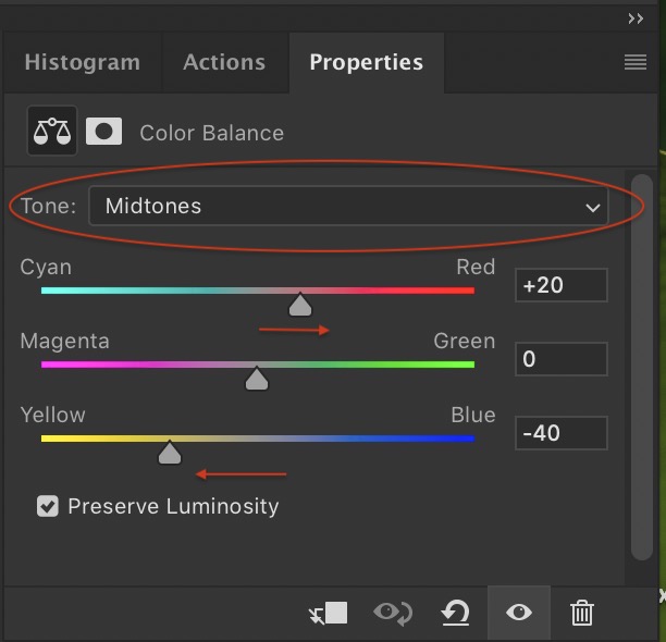Captura de tela do Photoshop do menu Color Balance
