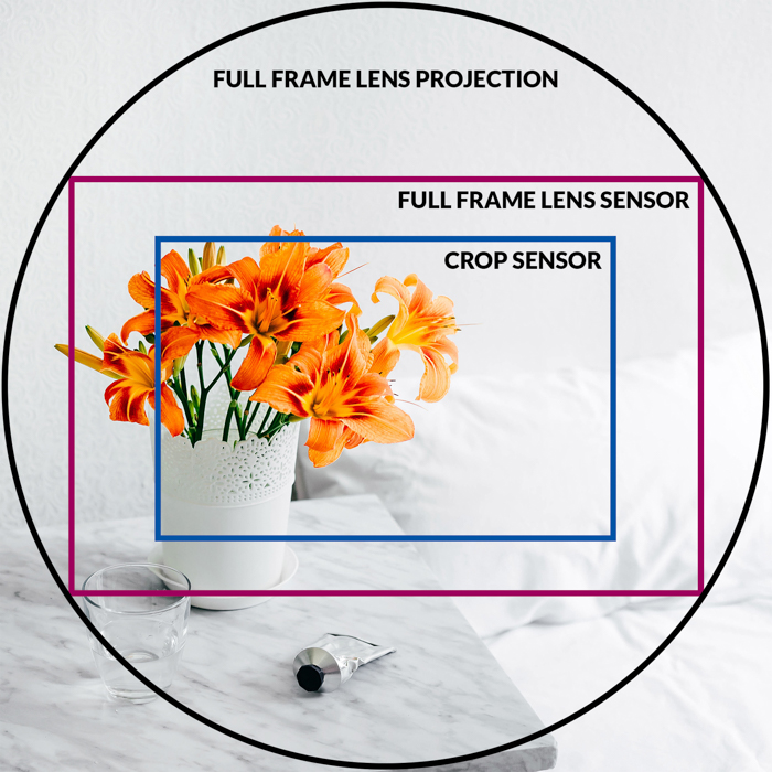 um infográfico explicando o fator de corte como um retângulo dentro da lente redonda