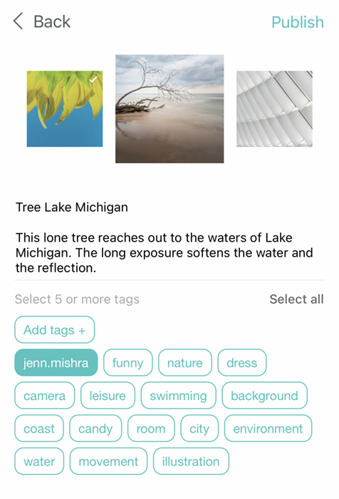Captura de tela do aplicativo FOAP mostrando tags sugeridas