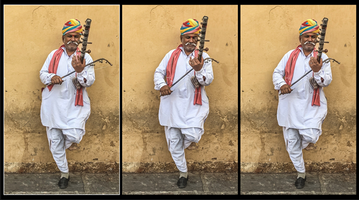 três imagens estáticas do vídeo do busker Jaipur Índia 