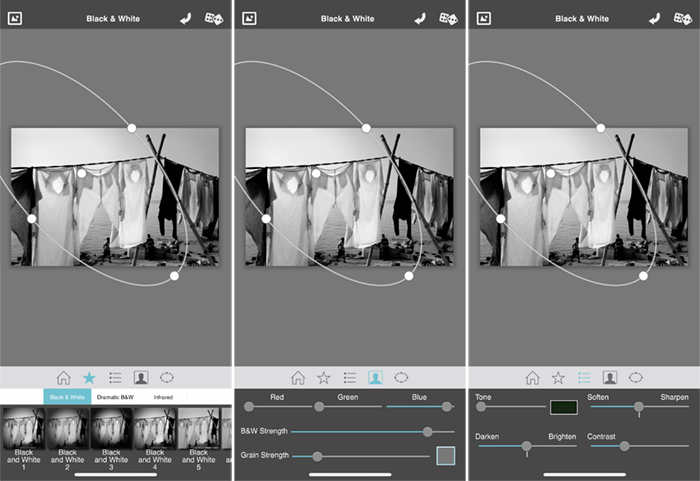 Capturas de tela dramáticas do aplicativo da câmera em preto e branco