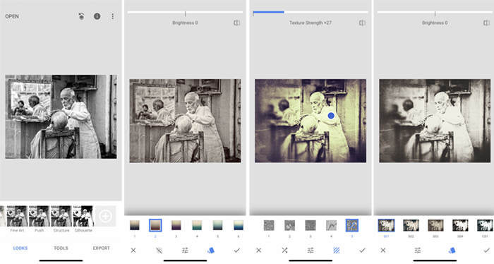 As capturas de tela fazem uma foto em preto e branco do aplicativo Snapseed Indian Barber