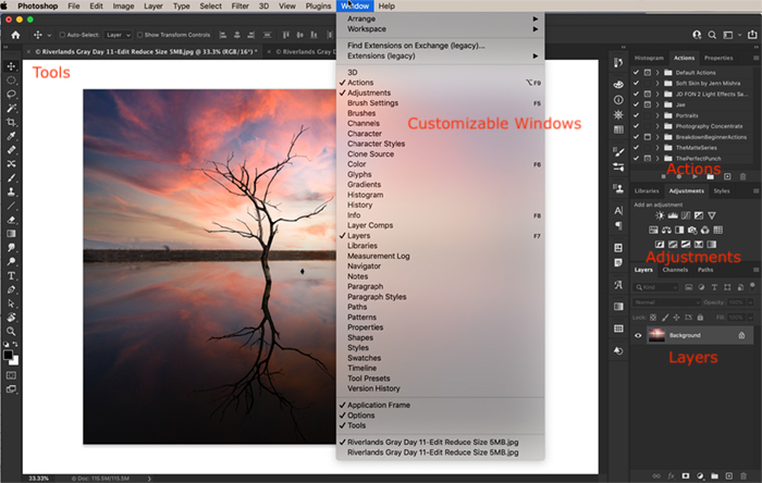 Ruang kerja Photoshop CC menampilkan gambar matahari terbenam dan pohon