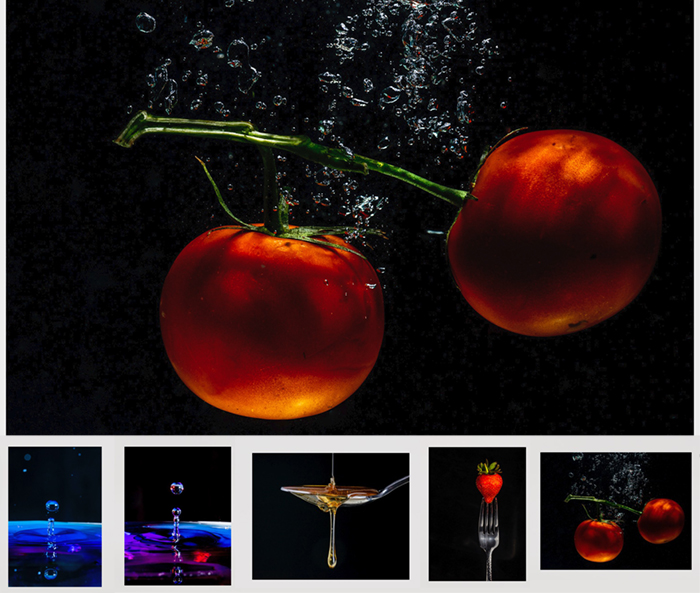 Apresentação de slides de fotografia de estúdio com tomates na água