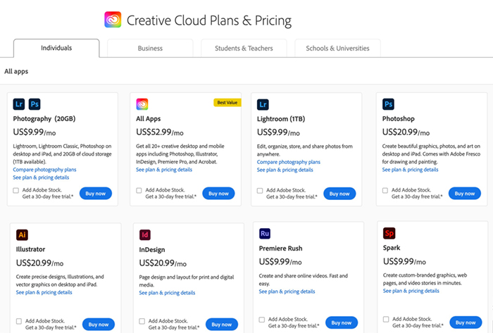 Captura de tela de preços da nuvem criativa da Adobe