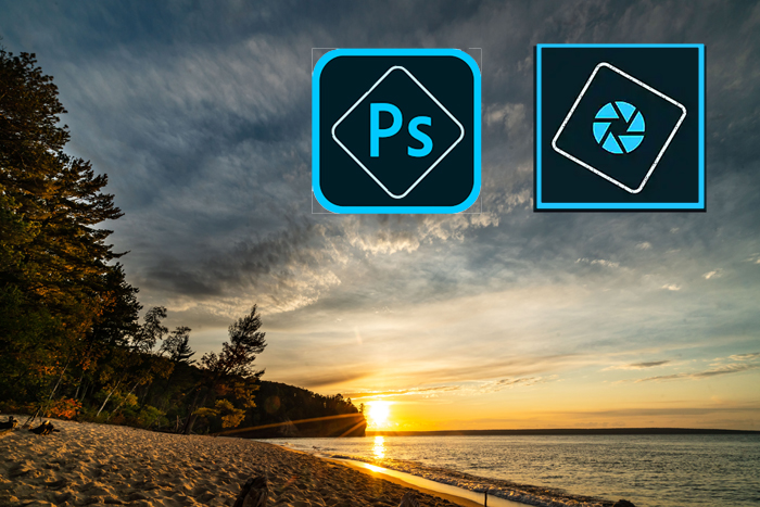 Ícones do Photoshop e do Photoshop Elements sobrepostos em uma imagem de uma praia ao pôr do sol